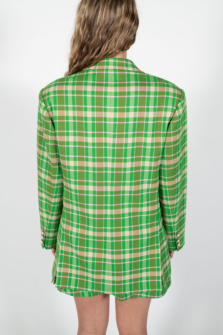 Back view of the Verdant Tailored Jacket in Apple Green by House of Campbell. 