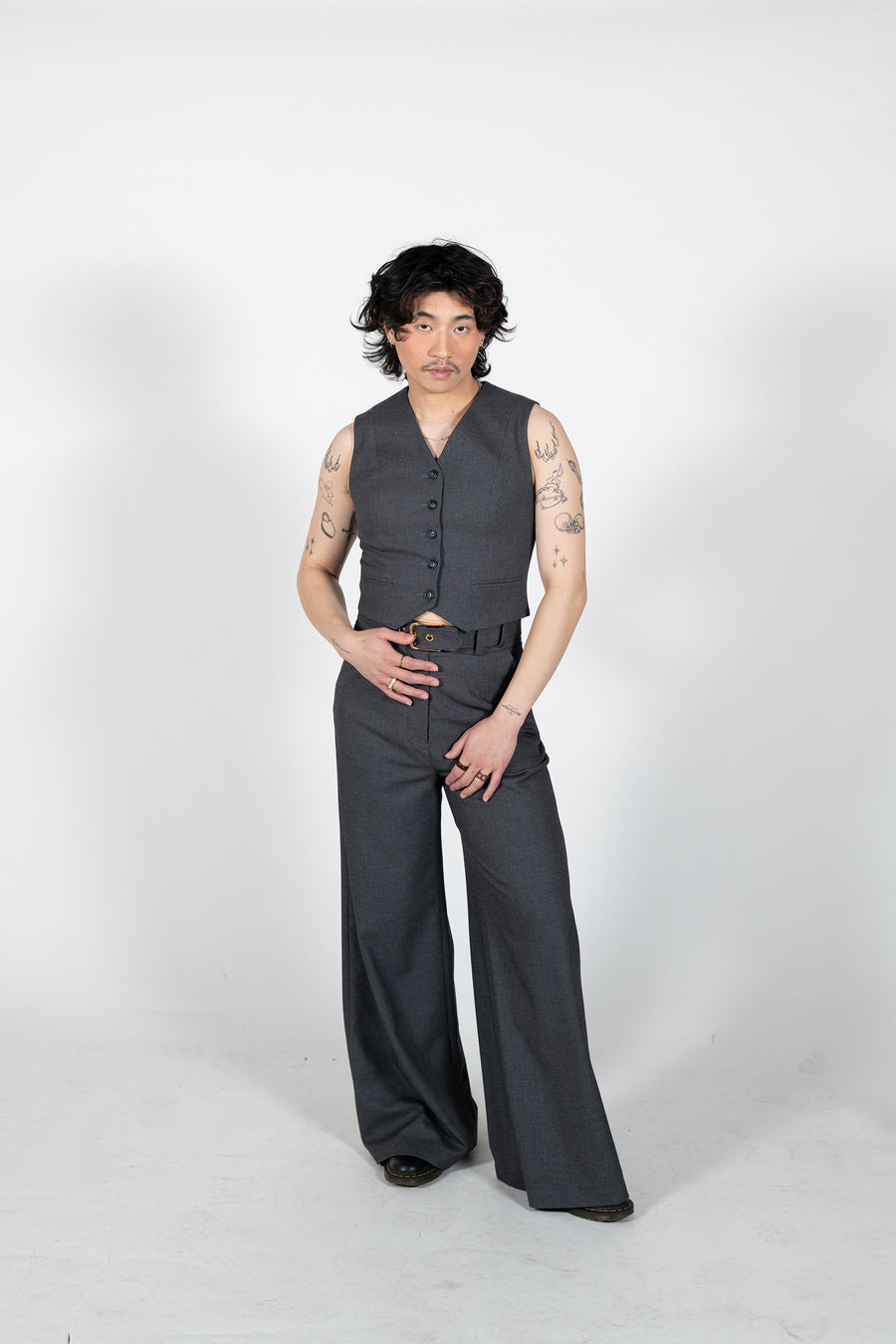 The Acme Vest and Acme Wide Leg Trouser in grey by Australian designer label, House of Campbell.