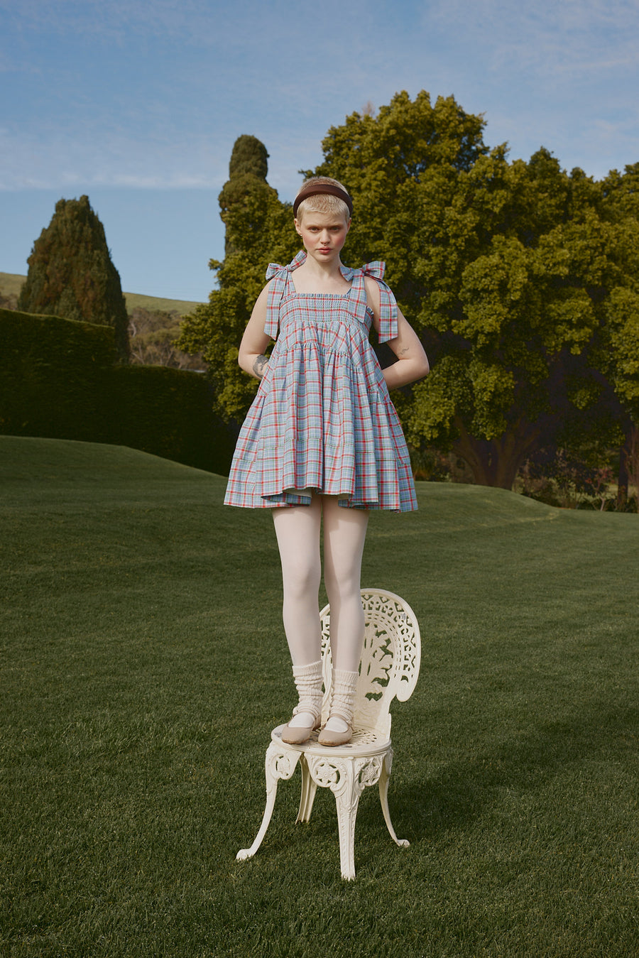 Spring Summer campaign featuring Mirabel dress in cornflower blue plaid by House of Campbell