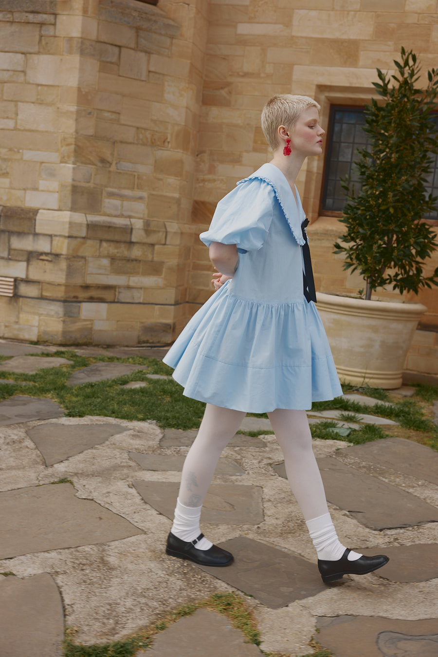 Hazel Mini Shirt Dress in oxford blue cotton for House of Campbell Spring Summer campaign.
