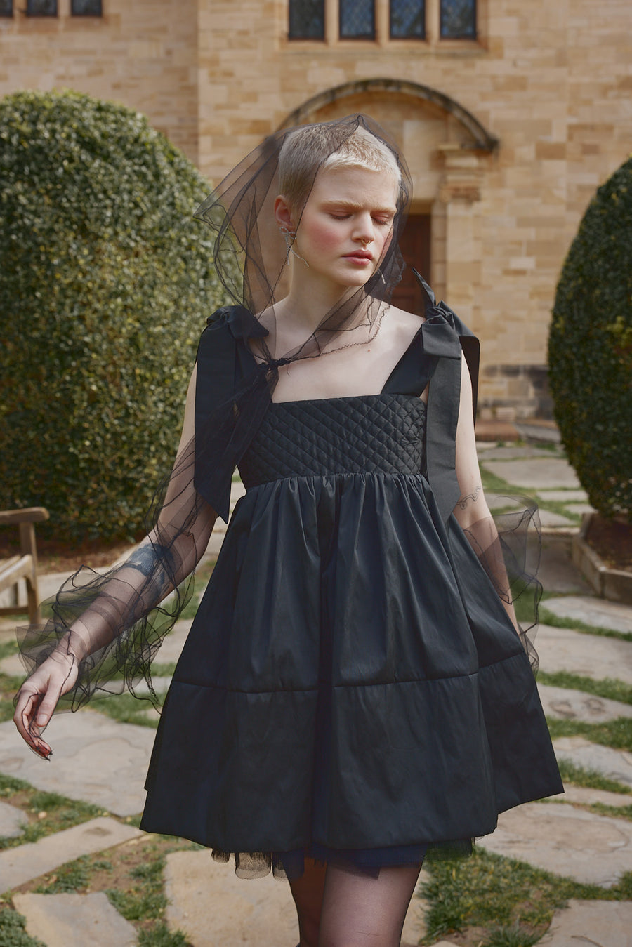 Australian made quilted bodice Dolly Mini Dress in black taffeta by House of Campbell.