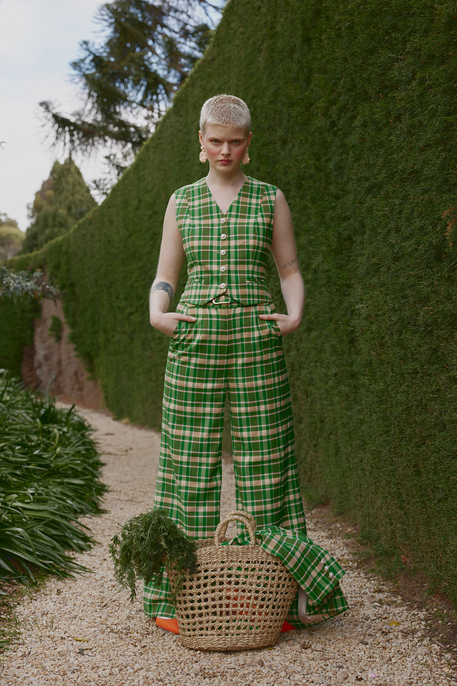 The apple green check Verdant Trouser featured in House of Campbell's Spring Summer campaign.