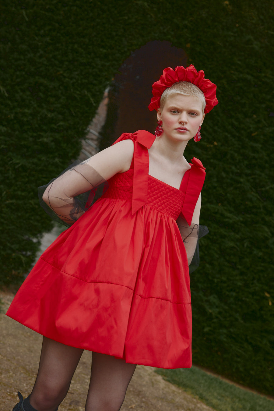 Red Taffeta bow straps on the signature Dolly Mini Dress by House of Campbell.