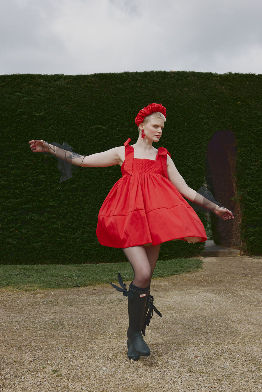 The Dolly Mini Dress in Red Taffeta with bow straps by House of Campbell.