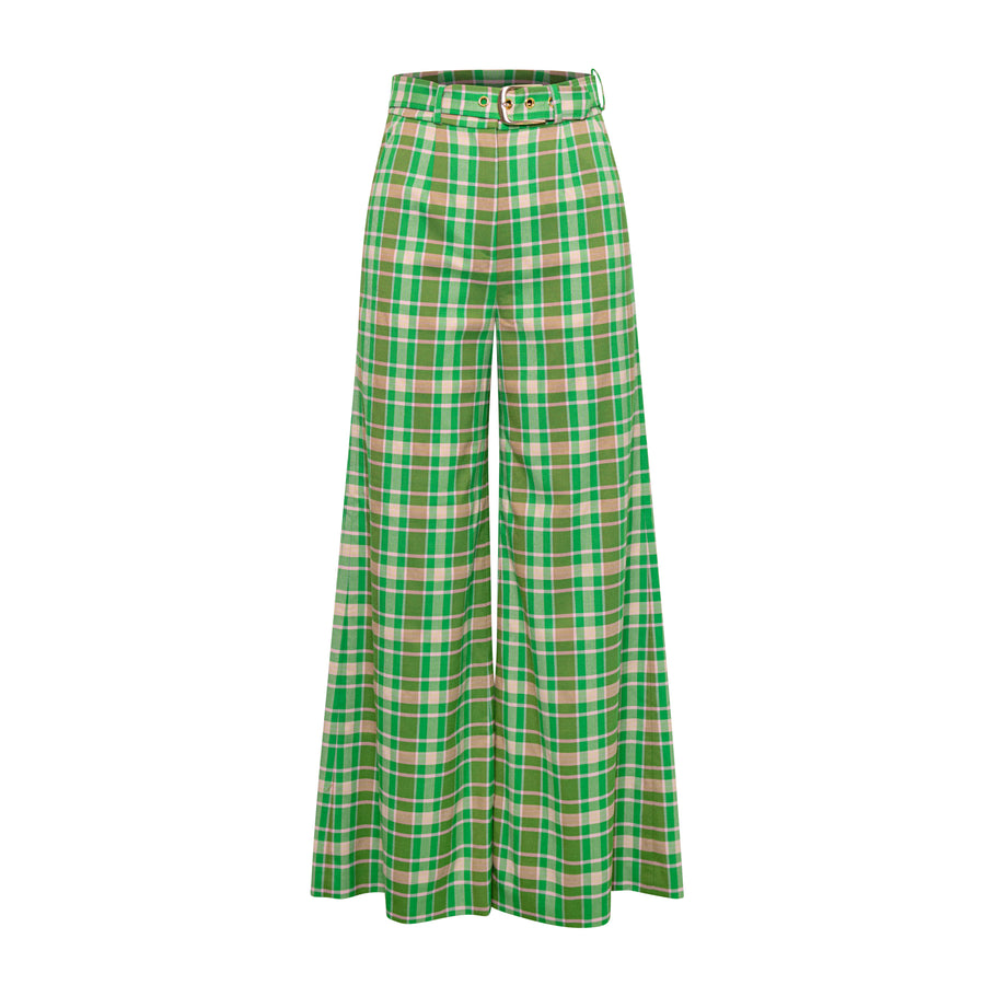 The Verdant Wide Leg Trouser is a vibrant check statement piece by House of Campbell.