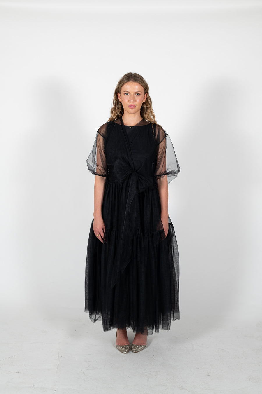 Front view of the Reverie Midi Dress in black tulle by House of Campbell.