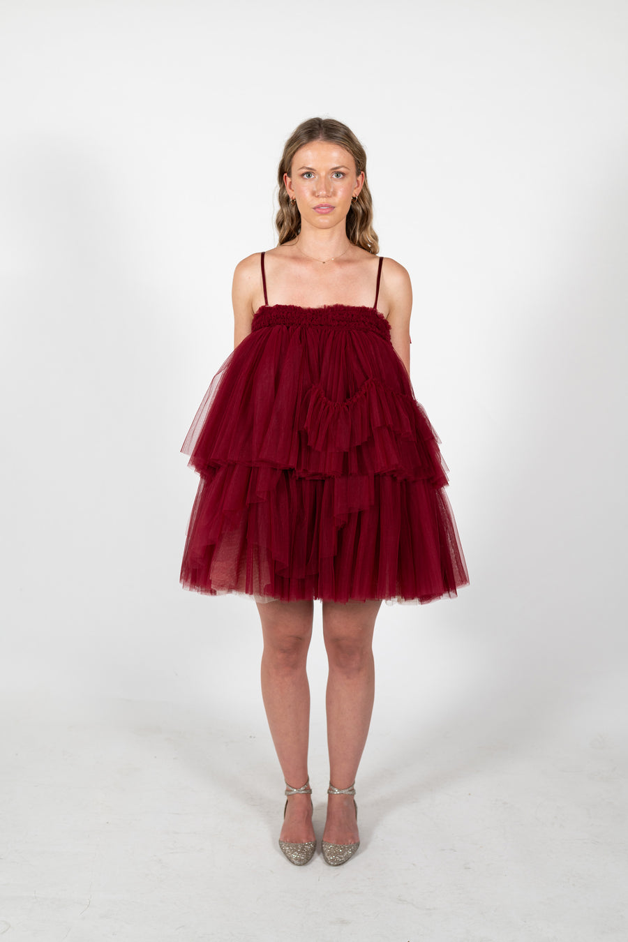Burgundy tones in tulle mini Maurice dress by House of Campbell.