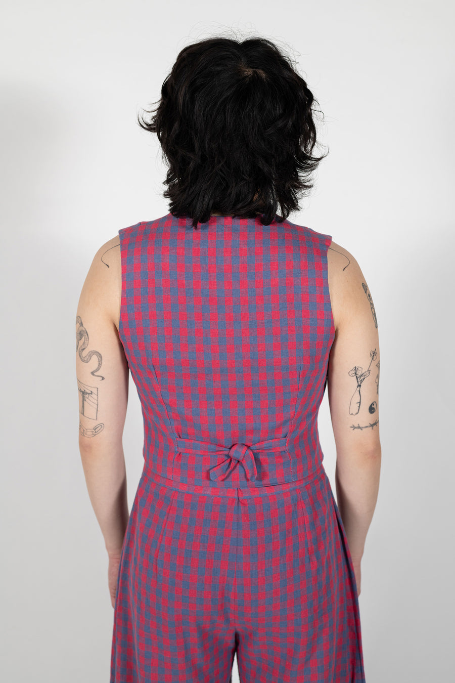Back view of the Montaigne Linen Vest in pink and blue check by House of Campbell.