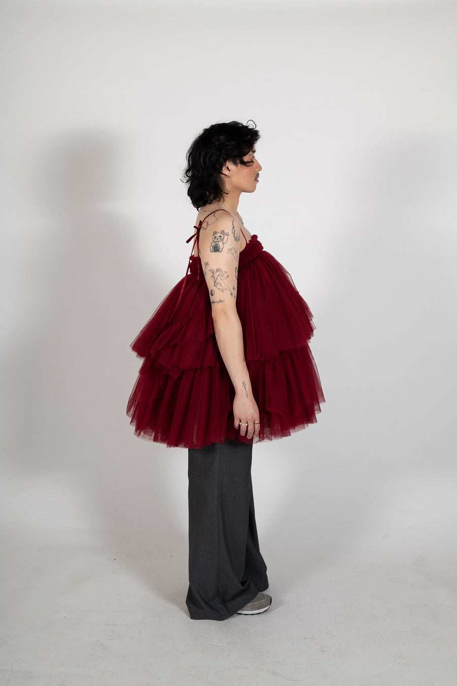 Side view of Australian made Maurice Mini dress in deep red tulle by House of Campbell.