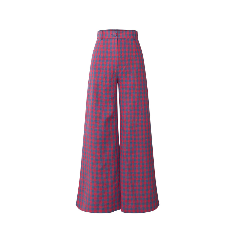 Montaigne Linen Pant cut in a wide leg silhouette in a pink and blue check by House of Campbell. 