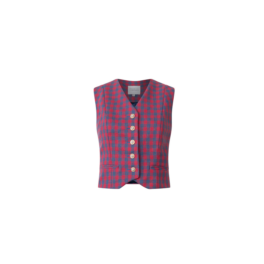 Montaigne Linen Vest in pink and blue check with faux pearl button details by House of Campbell.